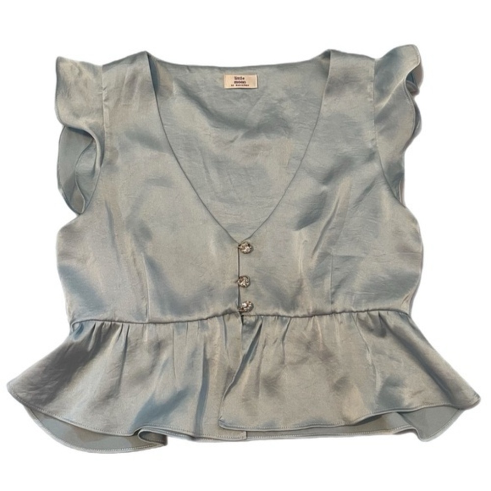 Little Moon Aritzia Satin Baby Blue Cropped Short Sleeve Blouse Size XS